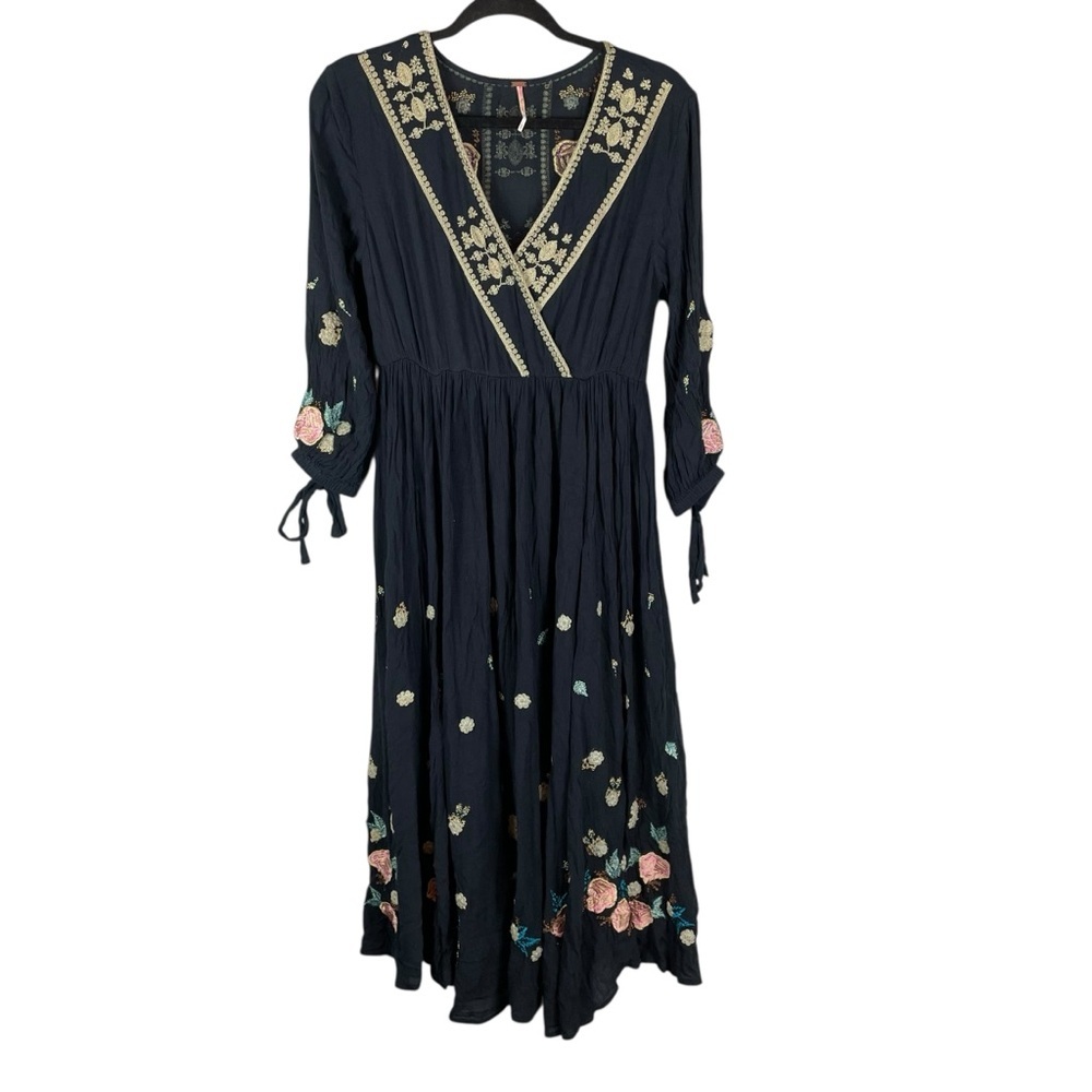 Free People Enchanted Forest Black Embroidered Floral Boho Midi Dress Size Small - Picture 6 of 16